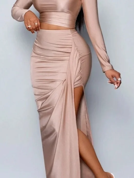Long Sleeve Crop And Ruched Maxi Skirt in Blush Pink XS New - Picture 5 of 8